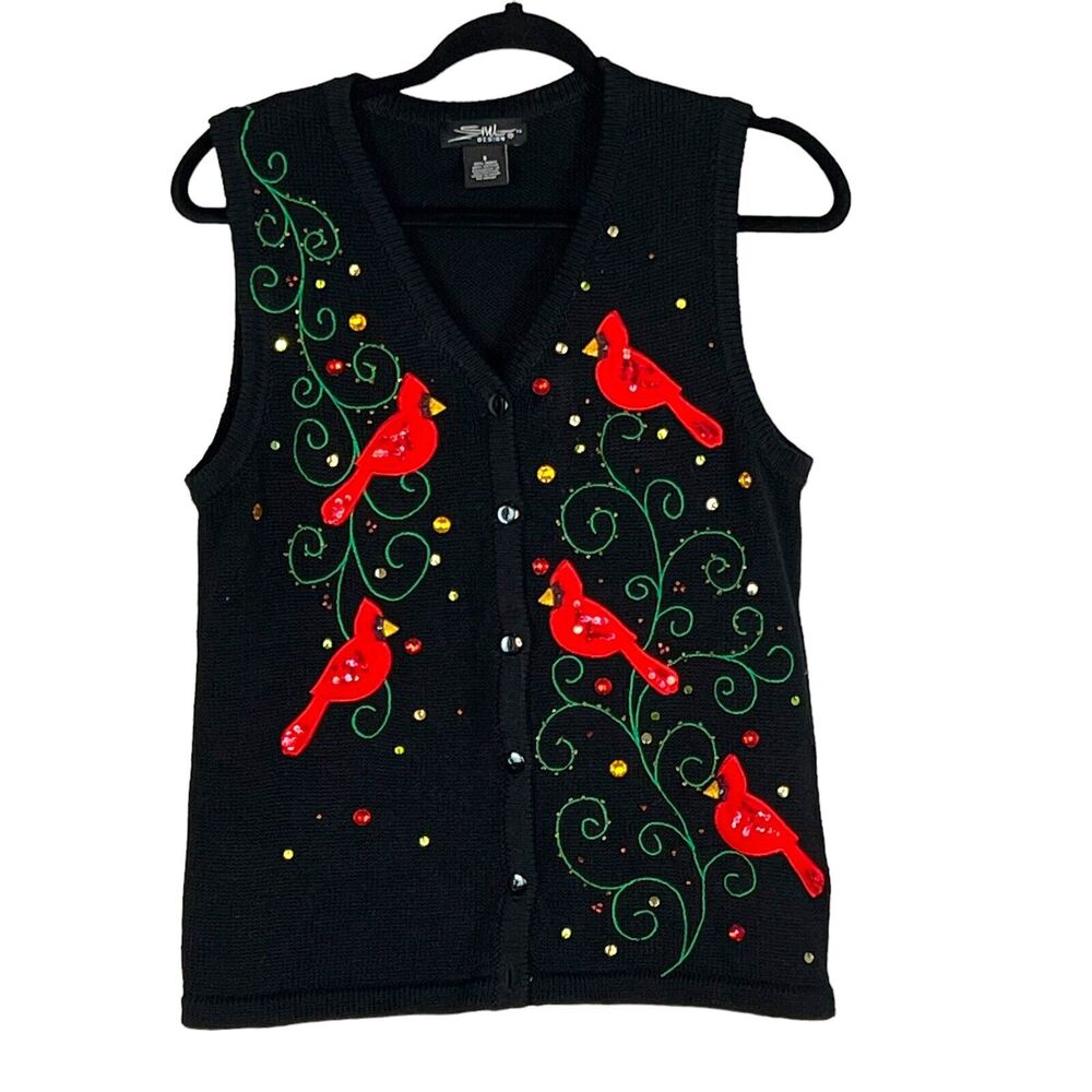 VTG SML Sz S Cardinal Bird Sweater Vest Sequin Embellished 80s Christmas Whimsy